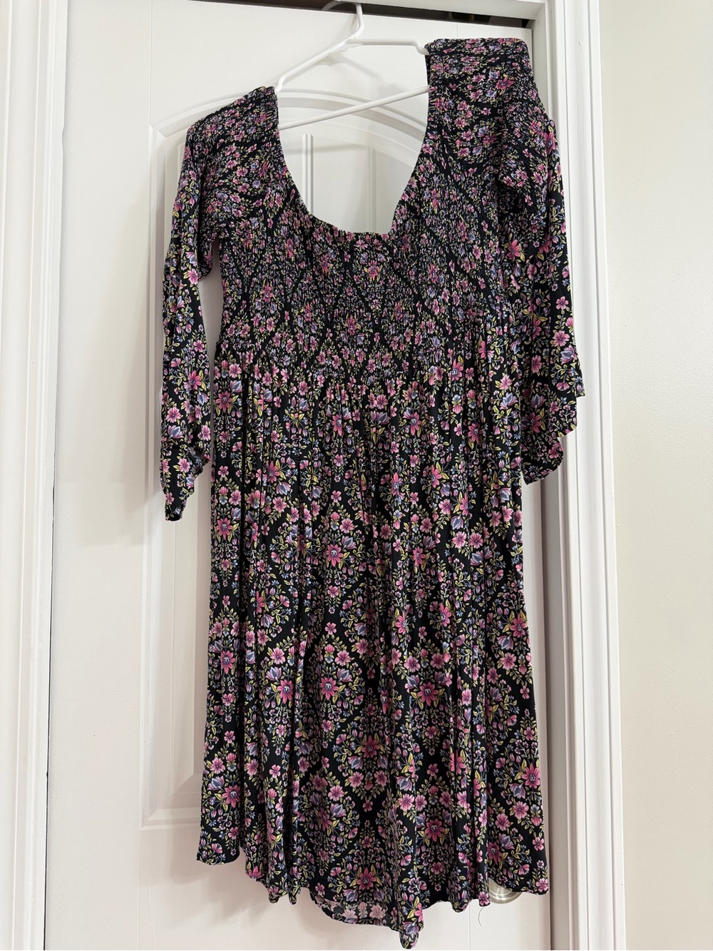 Smocked Off the Shoulder Black Floral Mini Dress with